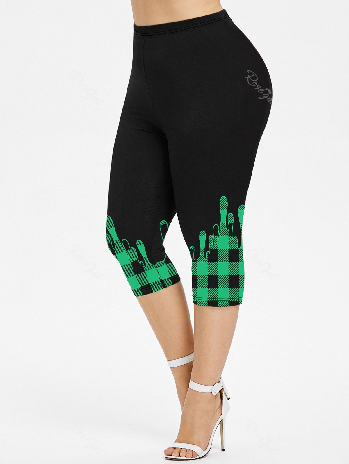 Latest Plus Size Paint Drop Blobs Printed Plaid Capri Leggings  