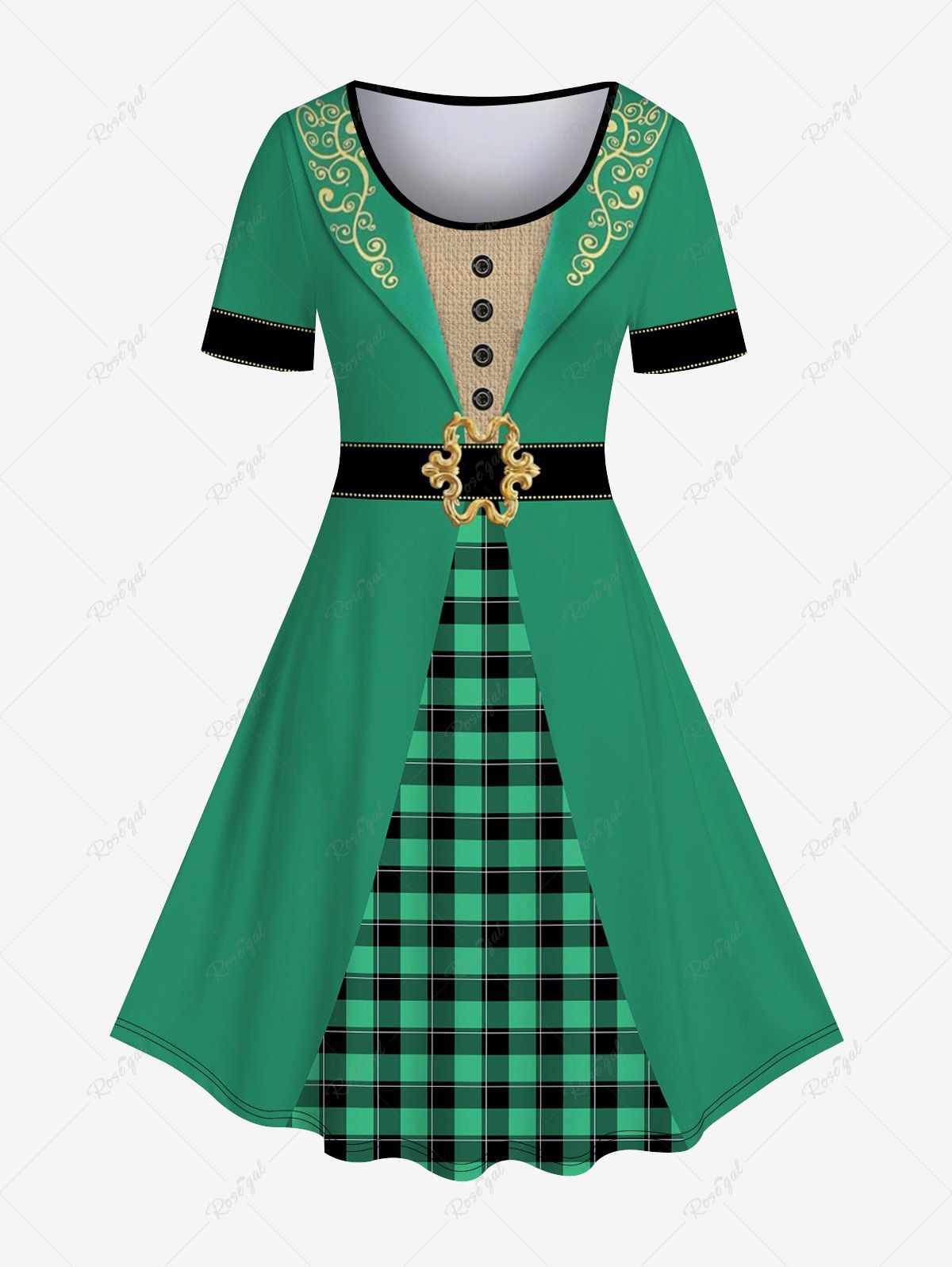 Trendy Plus Size Irish Costume 3D Print Checked Leprechaun Dress Saint Patrick's Day  