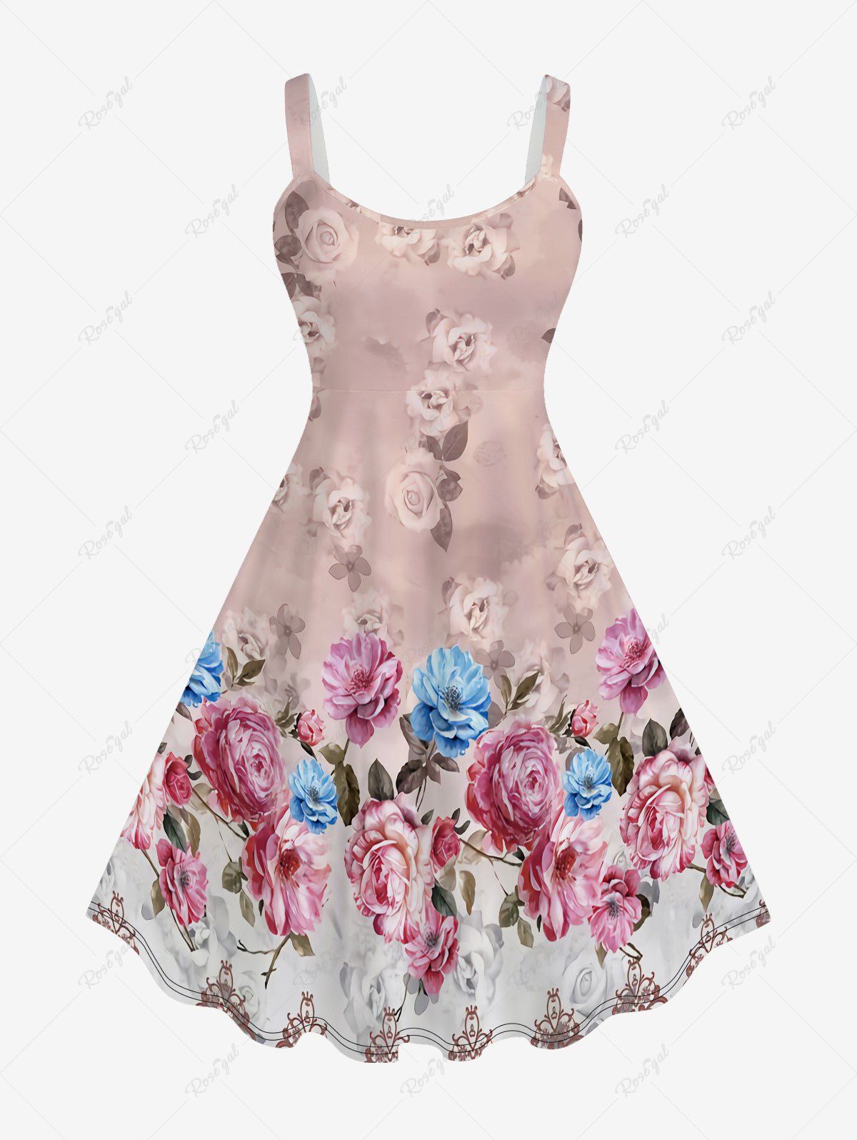 Robe Trapèze Imprimée Florale sans Manches Grande Taille Rose clair 5x | US 30-32