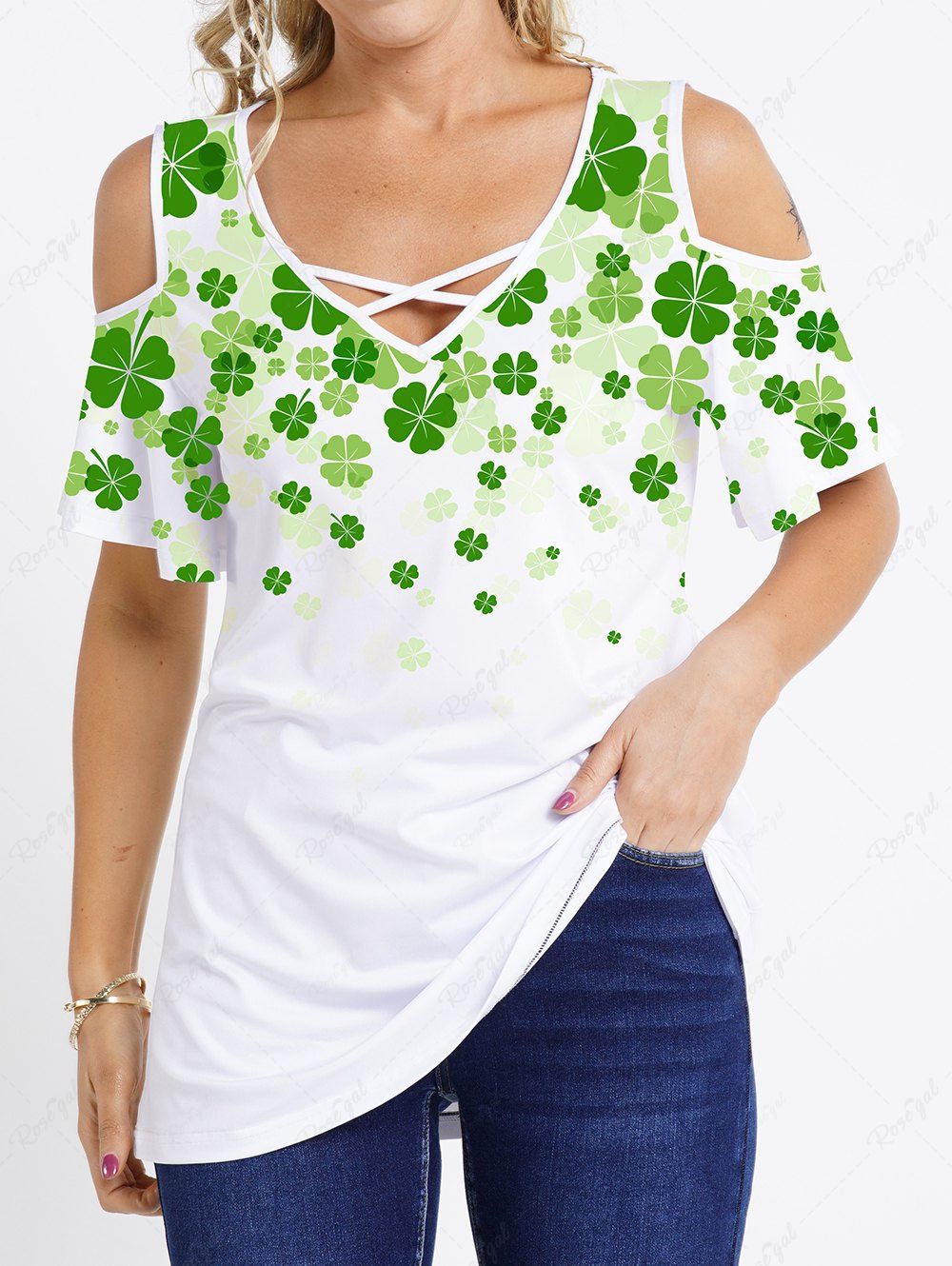 Discount Four Leaves Print Cold Shoulder V Neck T-shirt  