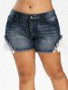 Plus Size Contrast Lace Frayed Denim Shorts -  