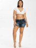 Plus Size Contrast Lace Frayed Denim Shorts -  