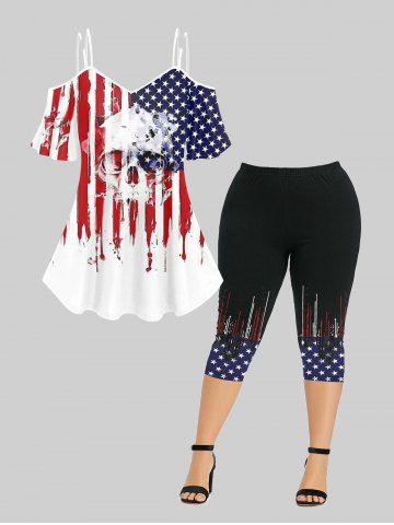Gothic American Flag Skull Print Cold Shoulder Top and Patriotic American Flag Print Leggings Outfit - WHITE