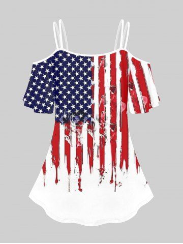 Gothic American Flag Skull Print Cold Shoulder Top and Patriotic American Flag Print Leggings Outfit