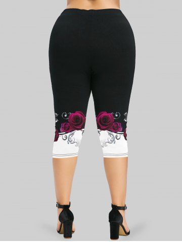 Gothic Flower Skull Print Lace Panel Sleeveless Top and Rose Butterfly Print Capri Leggings Outfit