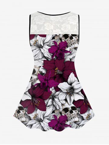 Gothic Flower Skull Print Lace Panel Sleeveless Top and Rose Butterfly Print Capri Leggings Outfit