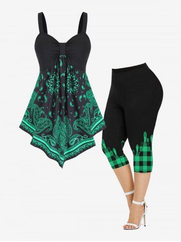 Paisley Asymmetrical Tunic Top and Paint Drop Blobs Plaid Leggings Plus Size Summer Outfit - GREEN