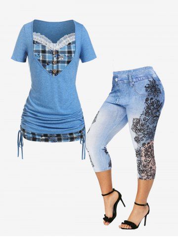 Cinched Plaid 2 in 1 Tee and Flower 3D Print Capri Jeggings Plus Size Outfits