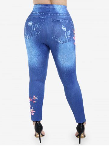 Lace Trim Floral Draped Front 2 In 1 Top and Floral 3D Lace Up Denim Print Jeggings Plus Size Outfits