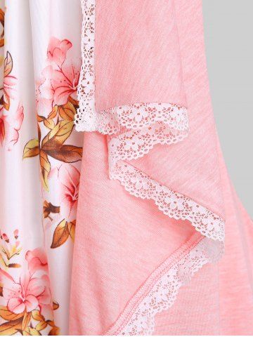 Lace Trim Floral Draped Front 2 In 1 Top and Floral 3D Lace Up Denim Print Jeggings Plus Size Outfits