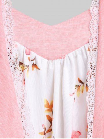 Lace Trim Floral Draped Front 2 In 1 Top and Floral 3D Lace Up Denim Print Jeggings Plus Size Outfits