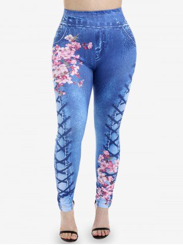 Lace Trim Floral Draped Front 2 In 1 Top and Floral 3D Lace Up Denim Print Jeggings Plus Size Outfits