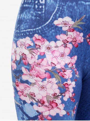 Lace Trim Floral Draped Front 2 In 1 Top and Floral 3D Lace Up Denim Print Jeggings Plus Size Outfits
