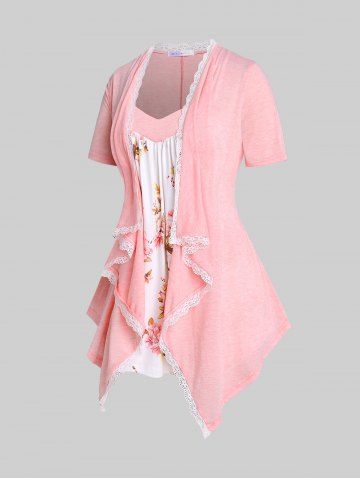Lace Trim Floral Draped Front 2 In 1 Top and Floral 3D Lace Up Denim Print Jeggings Plus Size Outfits