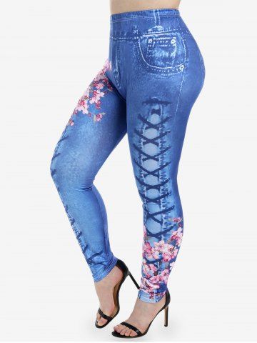 Lace Trim Floral Draped Front 2 In 1 Top and Floral 3D Lace Up Denim Print Jeggings Plus Size Outfits