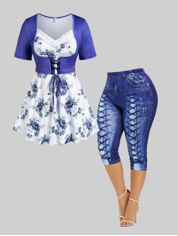 Flower Plaid Lace Panel Lace-up Twofer Tee and 3D Lace Up Jean Print Capri Leggings Plus Size Outfit