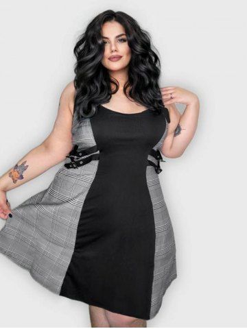 Plus Size Plaid Buckles Backless Vintage Sleeveless A Line Dress - BLACK - L | US 12