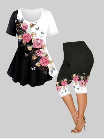 Rose Butterfly Colorblock Tee and  Flower Printed Leggings Plus Size Matching Set