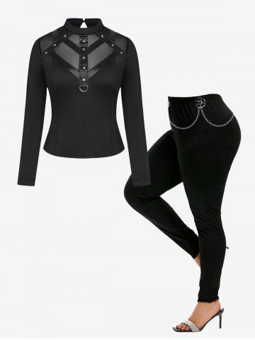 Gothic Mesh Panel PU Studs D-ring Long Sleeve Top And Gothic 3D Chain Print Skinny Leggings Gothic Outfit - BLACK