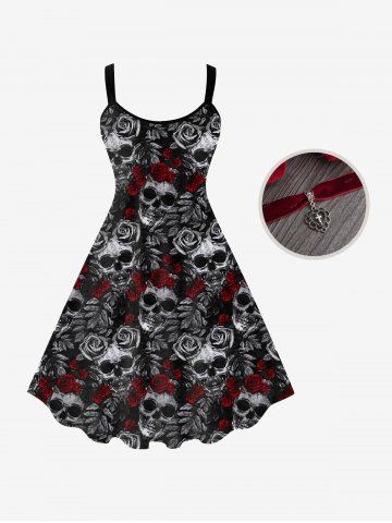 Gothic Skull Rose Print Sleeveless A Line Dress And Gothic Velour Heart Cross Choker Necklace Gothic Outfit - BLACK