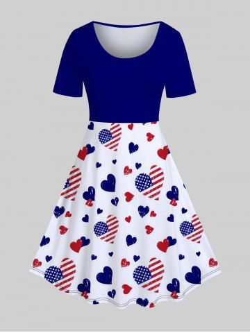 Plus Size Patriotic Heart American Flag Printed A Line Vintage Dress - DEEP BLUE - L | US 12