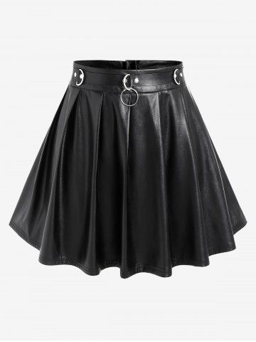 Gothic D-rings Faux Leather Pleated Mini Skirt - BLACK - M | US 10