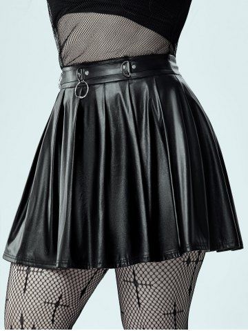 Gothic D-rings Faux Leather Pleated Mini Skirt