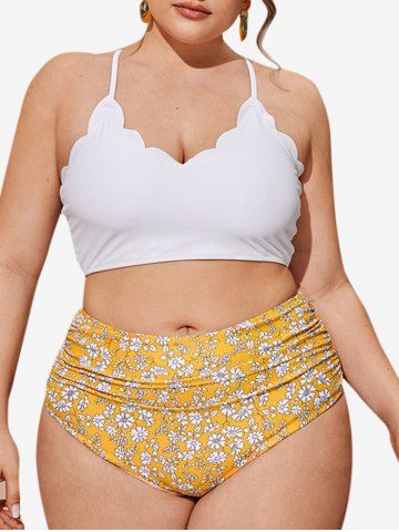 Plus Size Floral Ruched Scalloped Padded Longline Bikini Swimsuit