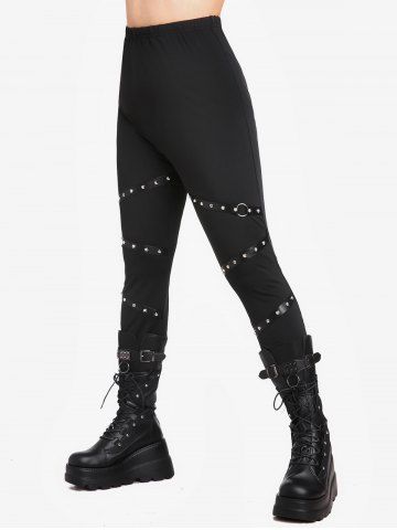 Pantalon Moulant Gothique à Bretelle en Cuir PU avec Rivets - BLACK - L | US 12
