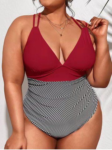 Plus Size Striped Ruched Strappy Padded High Cut One-piece Swimsuit - RED - 1XL