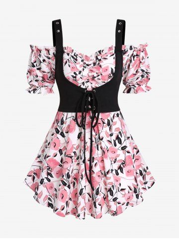 Plus Size Cold Shoulder Lace-up Ruffles Floral 2 in 1 Corset Tee - BLACK - 3X | US 22-24