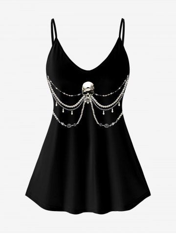 Gothic Skull 3D Bead Rhinestone Print Cami Top (Adjustable Straps) - BLACK - XS | US 6