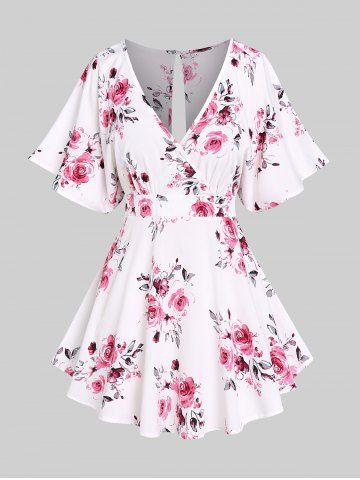 Blusa de Escote de Plegado Oblicuo con Estampado Floral de Mariposa en Talla Extra - WHITE - M | US 10