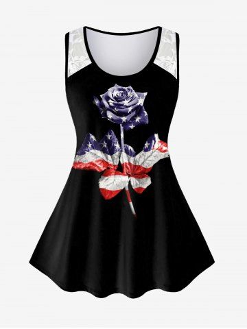 Plus Size Lace Panel Patriotic American Flag Rose Print Tank Top - BLACK - S | US 8