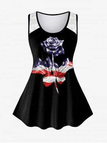 Plus Size Lace Panel Patriotic American Flag Rose Print Tank Top - BLACK - L | US 12