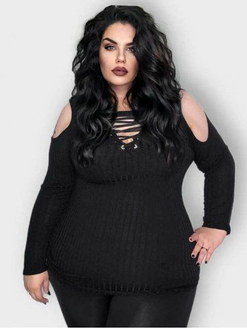 Plus Size Wide Ribbed Lace-up Cold Shoulder Top