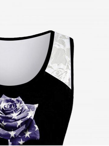Plus Size Lace Panel Patriotic American Flag Rose Print Tank Top