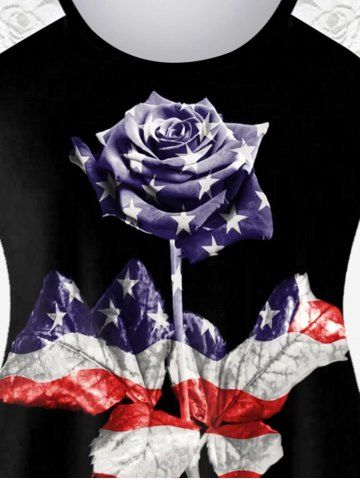Plus Size Lace Panel Patriotic American Flag Rose Print Tank Top
