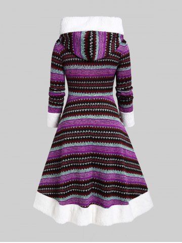 Plus Size Hooded Contrast Fluffy Trim Colorful Geometric Pattern Knit Dress