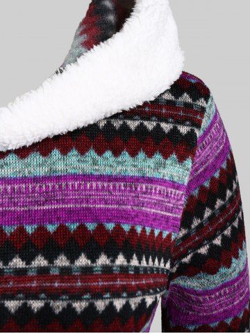 Plus Size Hooded Contrast Fluffy Trim Colorful Geometric Pattern Knit Dress