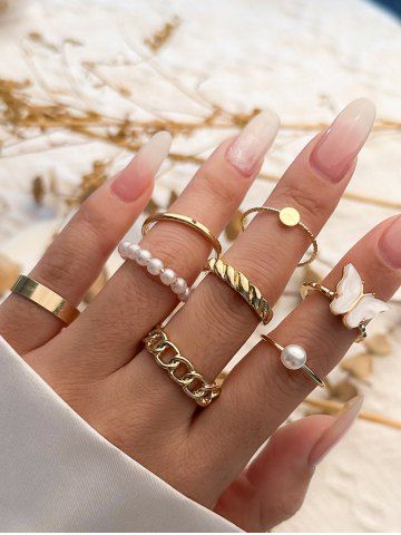8Pcs Butterfly Faux Pearl Rings - GOLDEN