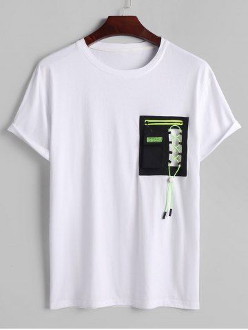 O Ring Zip Lace Up Pocket T Shirt - WHITE - S