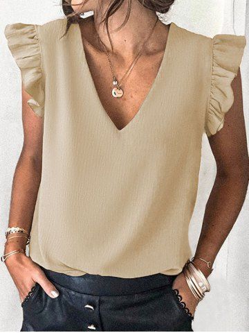 Plain Color Ruffle Hem Cap Sleeve V Neck Casual Blouse - LIGHT COFFEE - L