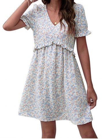 Allover Colored Ditsy Flower Print Vacation Ruffle High Waisted A Line Mini Chiffon Dress - MULTI - XL