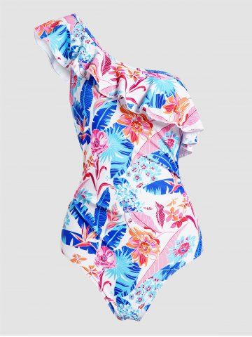 Colored Allover Leaf Flower Print One Shoulder Ruffle Padded Beach One-piece Swimsuit - MULTI-A - M