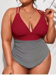 Plus Size Striped Ruched Strappy Padded High Cut One-piece Swimsuit -  