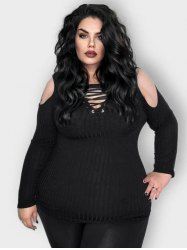 Plus Size Wide Ribbed Lace-up Cold Shoulder Top -  