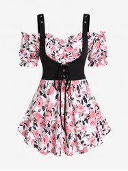 Plus Size Cold Shoulder Lace-up Ruffles Floral 2 in 1 Corset Tee -  