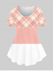 Plus Size Plaid Colorblock Short Sleeves Tee -  