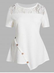 Plus Size Sheer Lace Panel Textured Mock Button Asymmetric Tee -  
